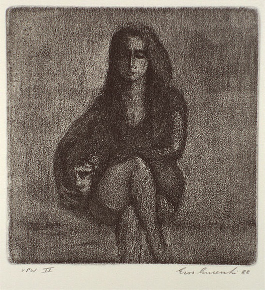 Artist: b'Anceschi, Eros.' | Title: b'not titled [seated figure]' | Date: 1988 | Technique: b'aquatint, printed in black ink with plate-tone, from one copper plate'