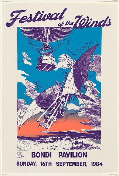 Artist: b'Clarkson, Jean.' | Title: b'Festival of the winds - Bondi Pavilion.' | Date: 1984 | Technique: b'screenprint, printed in colour, from two stencils'