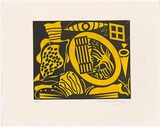 Artist: LEACH-JONES, Alun | Title: not titled [yellow shapes on black background including eye, window and cone in top right corner]. | Date: 2005 | Technique: etching and aquatint, printed in colour, from two plates