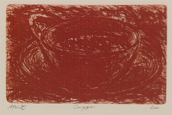 Artist: b'Lee, Graeme.' | Title: b'Cuppa' | Date: 1998, December | Technique: b'etching and open-bite, printed in red ink, from one plate'