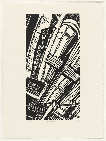 Artist: b'Mourtzios, Debbie.' | Title: b'St. vinnies' | Date: 1993 | Technique: b'linocut, printed in black ink, from one block' | Copyright: b'\xc2\xa9 Debbie Mourtzios'