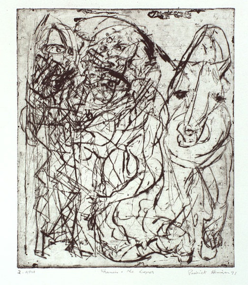 Artist: b'Henigan, Patrick.' | Title: b'Francis and the leper' | Date: 1991, June | Technique: b'drypoint, printed in black ink, from one plate'