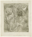 Artist: b'BOYD, Arthur' | Title: b'Quarter moon with tree and two portraits.' | Date: (1962-63) | Technique: b'etching and drypoint, printed in black ink, from one plate' | Copyright: b'Reproduced with permission of Bundanon Trust'