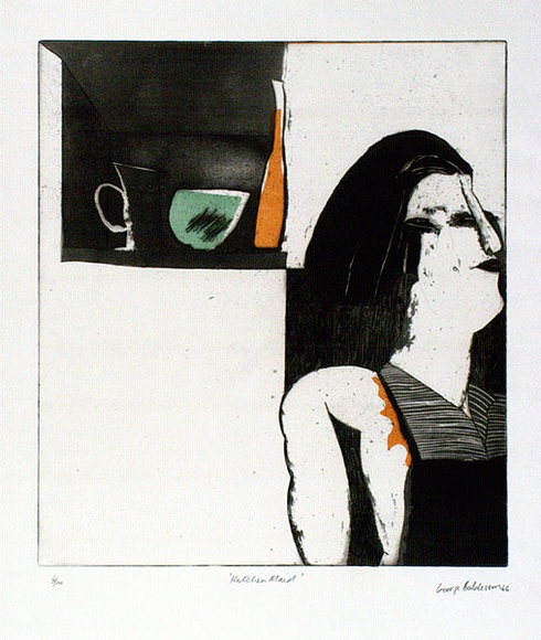 Artist: b'BALDESSIN, George' | Title: b'Kitchen maid.' | Date: 1966 | Technique: b'colour etching and aquatint'