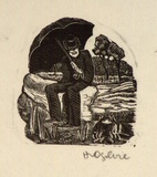 Artist: OGILVIE, Helen | Title: not titled [Alfred Felton with an open umbrella] | Date: (1947) | Technique: wood-engraving, printed in black ink, from one block