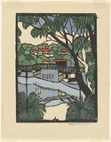 Artist: b'PRESTON, Margaret' | Title: b'Mosman Bridge' | Date: c.1927 | Technique: b'woodcut, printed in black ink, from one block; hand-coloured' | Copyright: b'\xc2\xa9 Margaret Preston. Licensed by VISCOPY, Australia'