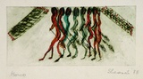 Artist: b'SHEARER, Mitzi' | Title: bThe faun's afternoon out | Date: 1978 | Technique: b'etching, printed in green ink with plate-tone, from one  plate, hand-coloured with felt-tipped pen'