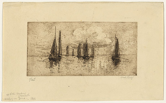 Artist: b'LONG, Sydney' | Title: b'Becalmed' | Date: c.1919 | Technique: b'line-etching, printed in brown ink with plate-tone, from one zinc plate' | Copyright: b'Reproduced with the kind permission of the Ophthalmic Research Institute of Australia'