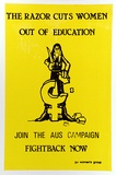 Artist: b'Swan, James.' | Title: b'The razor cuts the women out of eduction' | Date: c.1982 | Technique: b'screenprint, printed in colour, from two stencils'