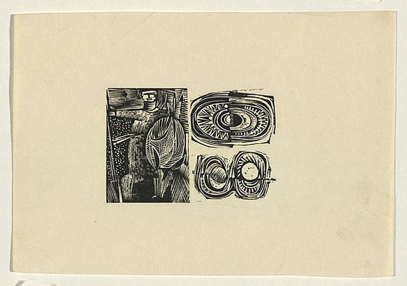 Title: b'not titled [three squares: soldier with shield, figure 0 and figure 8]' | Date: 1960s | Technique: b'wood-engraving, printed in black ink, from one block'