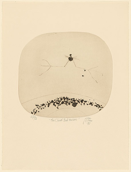 Artist: Olsen, John. | Title: The Christ bird arrives | Date: 1975 | Technique: sugarlift etching, engraving and aquatint, printed in brown ink with plate-tone, from one zinc plate | Copyright: © John Olsen. Licensed by VISCOPY, Australia