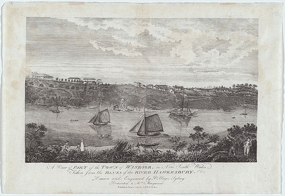 Title: A view of part of the town of Windsor in New South Wales. Taken from the banks of the River Hawkesbury. | Date: 1813 | Technique: engraving, printed in black ink, from one copper plate