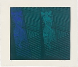 Artist: WALKER, Murray | Title: Karen behind venetian blinds. | Date: 1969 | Technique: linocut, printed in colour, from multiple blocks