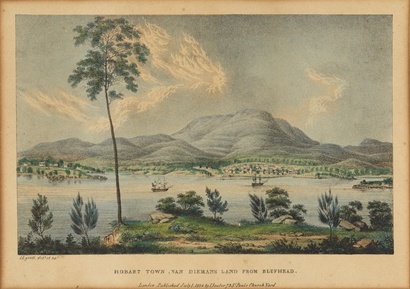 Artist: b'Lycett, Joseph.' | Title: bHobart Town, Van Dieman's Land from Blufhead | Date: 1824 | Technique: b'lithograph, printed in black ink, from one stone; hand-coloured'