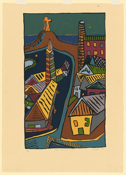 Artist: b'Bell, Greg.' | Title: b'View of East End.' | Date: 1985 | Technique: b'screenprint, printed in colour, from multiple stencils'