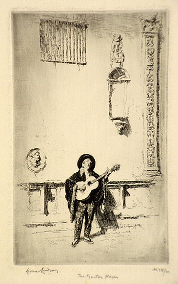 Artist: b'LINDSAY, Lionel' | Title: b'The guitar player' | Date: 1920 | Technique: b'etching, printed in warm black ink with plate-tone, from one plate' | Copyright: b'Courtesy of the National Library of Australia'