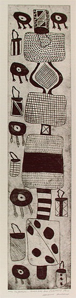 Artist: b'MUNGATOPI, Maryanne' | Title: b'Pamajini, tunga bag and ceremony pole' | Date: 1996, June | Technique: b'etching, printed in black ink, from one plate'