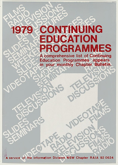 Artist: b'UNKNOWN' | Title: b'Continuing education programmes.' | Date: 1979 | Technique: b'screenprint, printed in colour, from two stencils'