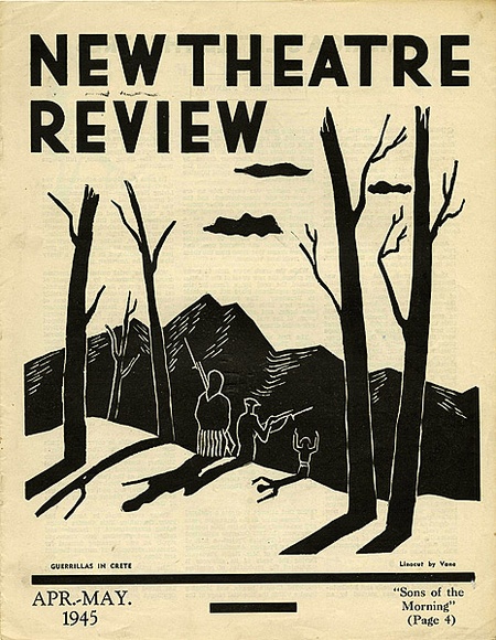 Title: b'New theatre review: April-May 1945' | Date: March 1945 | Technique: b'linocut, printed in black ink, from one block; letterpress text'