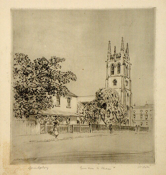 Artist: b'LINDSAY, Lionel' | Title: bSt Philip's church, Sydney | Date: 1919 | Technique: b'etching and drypoint, printed in black ink with plate-tone, from one plate' | Copyright: b'Courtesy of the National Library of Australia'