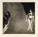 Artist: b'BALDESSIN, George' | Title: b'The stage.' | Date: 1965 | Technique: b'etching and aquatint, printed in black ink, from one plate'