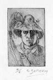 Artist: b'ZOFREA, Salvatore' | Title: b'Self-portrait with hat' | Date: c.1978 | Technique: b'etching, printed in black ink with plate-tone, from one plate' | Copyright: b'\xc2\xa9 Salvatore Zofrea, c.1978'