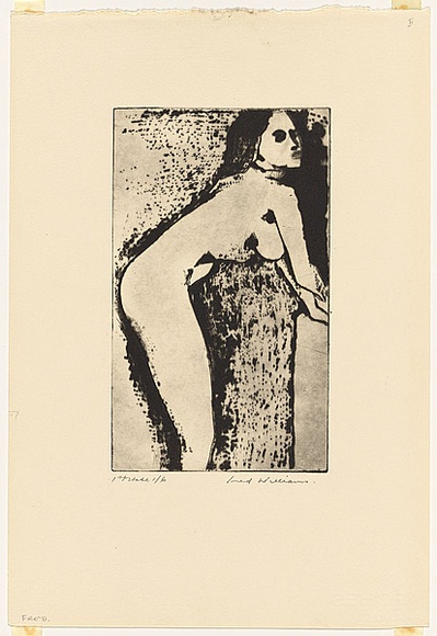 Artist: b'WILLIAMS, Fred' | Title: b'Nude' | Date: 1974 | Technique: b'electric hand engraver, engraver and polisher, printed in black ink, from one copper plate' | Copyright: b'\xc2\xa9 Fred Williams Estate'