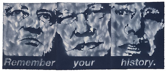Artist: b'Azlan.' | Title: b'Remember your history.' | Date: 2003 | Technique: b'stencil, printed in white ink, from multiple stencils'