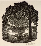 Artist: b'OGILVIE, Helen' | Title: b'not titled [Oak tree and garden].' | Date: c.1947 | Technique: b'wood-engraving, printed in black ink, from one block'