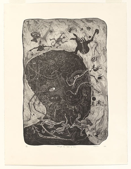 Artist: b'Hayward Pooaraar, Bevan.' | Title: b'Through the mists of time' | Date: 1990 | Technique: b'lithograph, printed in black ink, from one stone'