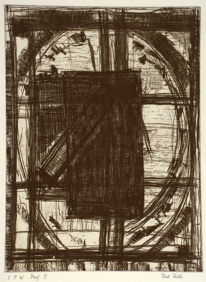 Artist: b'Partos, Paul.' | Title: b'not titled [overlayed rectangular shapes in oval]' | Date: 1986, March - April | Technique: b'etching and roulette, printed in black ink, from one plate'