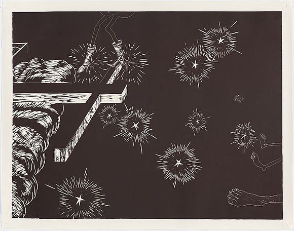 Artist: b'COLEING, Tony' | Title: b'Battlefield (crucifix on side with high heel boots).' | Date: 1986 | Technique: b'linocut, printed in black ink, from one block'