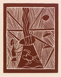 Artist: b'Manydjarri, Wilson.' | Title: b'Wife burning Ngalindi at Dan Dam alan gunham una' | Date: 1971 | Technique: b'linocut, printed in red-brown ink, from one block'