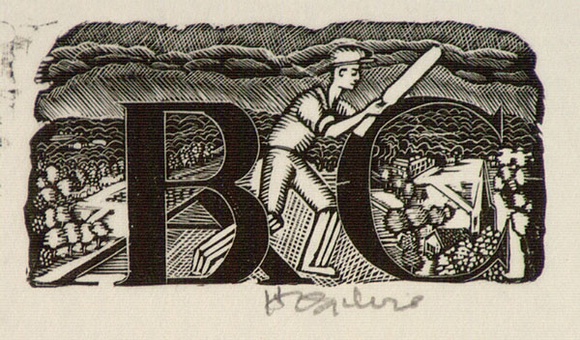 Artist: b'OGILVIE, Helen' | Title: b'(A, B, C letters, cricketer and landscape)' | Date: (1953) | Technique: b'wood-engraving, printed in black ink, from one block'