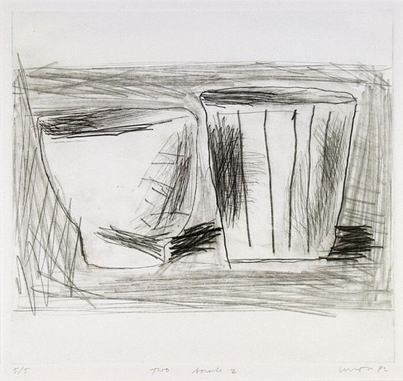 Artist: b'Lincoln, Kevin.' | Title: b'Two bowls 2' | Date: 1982 | Technique: b'drypoint, printed in black ink with plate-tone, from one plate' | Copyright: b'\xc2\xa9 Kevin Lincoln. Licensed by VISCOPY, Australia'