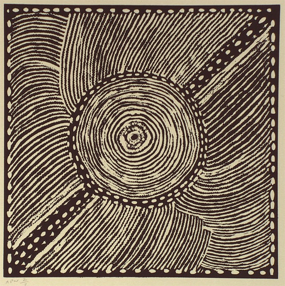 Artist: b'Cherel, Kumanjayi (Butcher).' | Title: b'not titled [concentric circles and diagonal line]' | Date: 1996, January - February | Technique: b'linocut, printed in black ink, from one block'