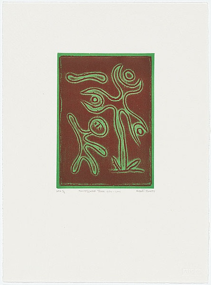 Artist: b'Rooney, Robert.' | Title: b'Moonflower tree 1954 - 2001' | Date: 1954 | Technique: b'etching, printed in black and green ink, from two plates' | Copyright: b'Courtesy of Tolarno Galleries'