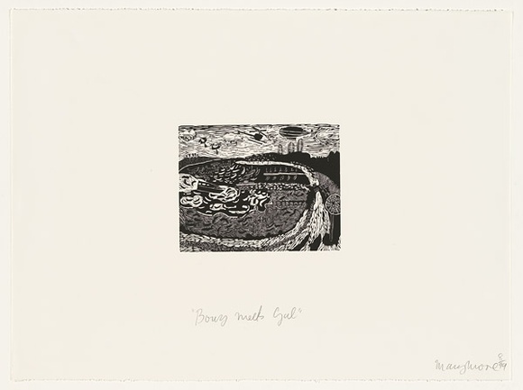 Artist: b'Moore, Mary.' | Title: b'Buoy meets gal, Rottnest summer' | Date: 1988 | Technique: b'wood-engraving' | Copyright: b'\xc2\xa9 Mary Moore'