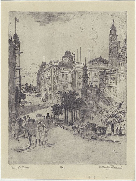 Artist: b'FULLWOOD, A.H.' | Title: b'Bridge Street, Sydney.' | Date: 1922 | Technique: b'etching, printed in black ink, from one plate'