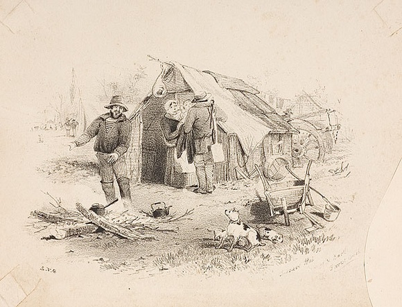 Artist: b'GILL, S.T.' | Title: b'Diggers hut, canvas and bark, Forrest Creek.' | Date: 1852 | Technique: b'lithograph, printed in black ink, from one stone'