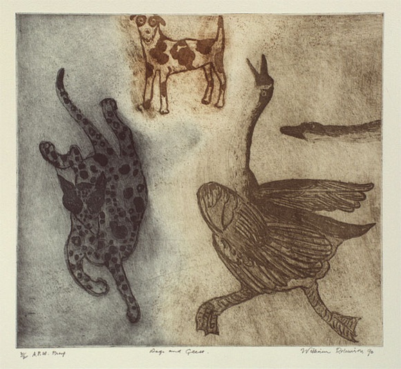 Artist: b'Robinson, William.' | Title: b'Dogs and geese.' | Date: 1990 | Technique: b'sugar-lift etching, printed in colour, from multiple plates'