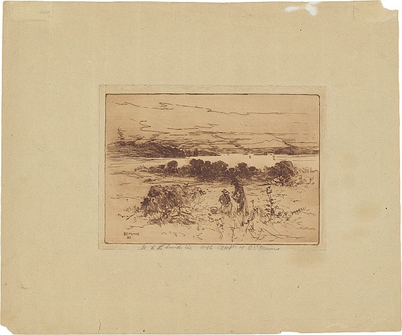 Artist: b'Minns, B.E.' | Title: b'not titled [Gathering flowers, with Sydney Harbour in the background]' | Date: 1893 | Technique: b'etching, printed in brown ink with plate-tone, from one plate'