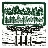 Artist: Wonderful Art Nuances Club. | Title: not titled [Forest trees above chimneys billowing smoke]. [Poster for Environment Protest Street Exhibition and Street Theatre | Date: (1976) | Technique: linocut, printed in black and green ink, from one block