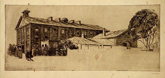 Artist: b'LINDSAY, Lionel' | Title: b'Old Barracks, Hyde Park' | Date: 1912 | Technique: b'etching and foul biting, printed in brown ink with plate-tone, from one plate' | Copyright: b'Courtesy of the National Library of Australia'