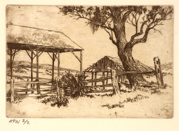 Artist: b'Stockfeld, R.H.' | Title: b'Haysheds' | Date: c.1935 | Technique: b'engraving, printed in sepia ink, from one plate'