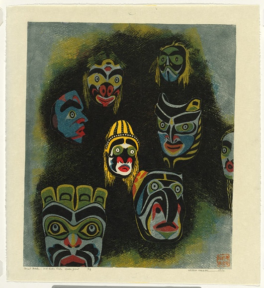 Artist: b'Thorpe, Lesbia.' | Title: b'Inuit masks - and Bella Coola spoke first' | Date: 1995 | Technique: b'screenprint, printed in colour, from multiple stencils'
