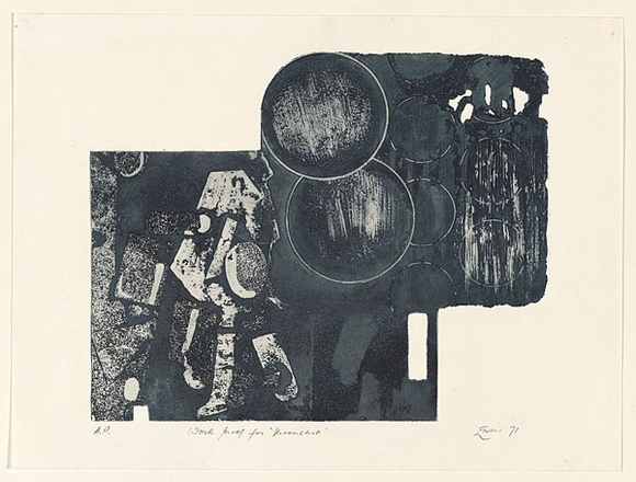 Artist: b'EWINS, Rod' | Title: b'Moonshot.' | Date: 1971 | Technique: b'etching and aquatint, printed in blue-black ink, from one aluminium plate'