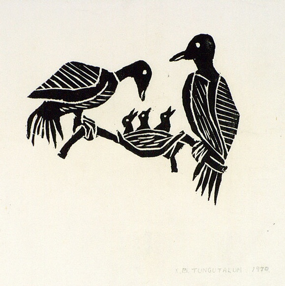 Artist: b'TUNGUTALUM, Bede' | Title: b'Two birds at nest' | Date: 1970 | Technique: b'woodcut, printed in black ink, from one block'