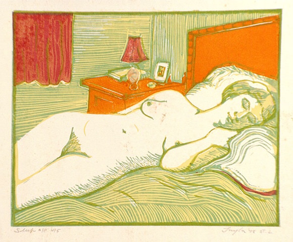 Artist: b'Taylor, John H.' | Title: b'Sleep' | Date: 1978 | Technique: b'linocut, printed in colour, from four blocks'