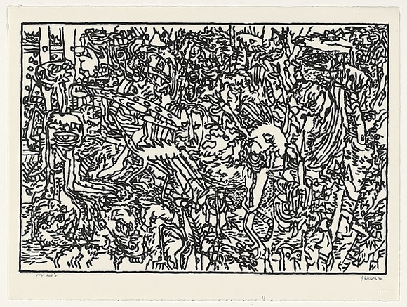 Artist: b'Paterson, Jim.' | Title: b'not titled [line drawing featuring animal figures, eyes, and claws]' | Date: 1984 | Technique: b'lithograph, printed in black ink, from one stone'